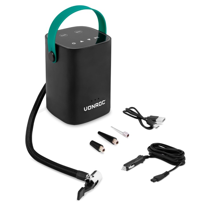 Акумулаторен мини компресор VONROC CR505DC, С батерия 12 V, Цифров дисплей манометър