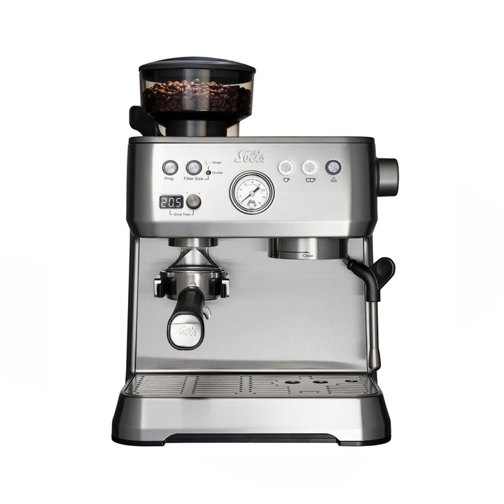 Еспресо машина с мелачка Solis, Grind&Infuse Perfetta 1019, 16 бара, голямо разнообразие от видове кафе, 25 стъпки на смилане, функция за предварително вливане, филтър против варовик, 1800 W, включени аксесоари, неръждаема стомана