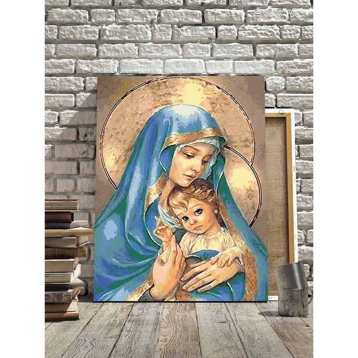 Set pictura pe numere Fecioara cu pruncul 2967, panza bumbac pe rama lemn, 40x50 cm, tablou cu schita, 3 pensule si vopsea acrilica