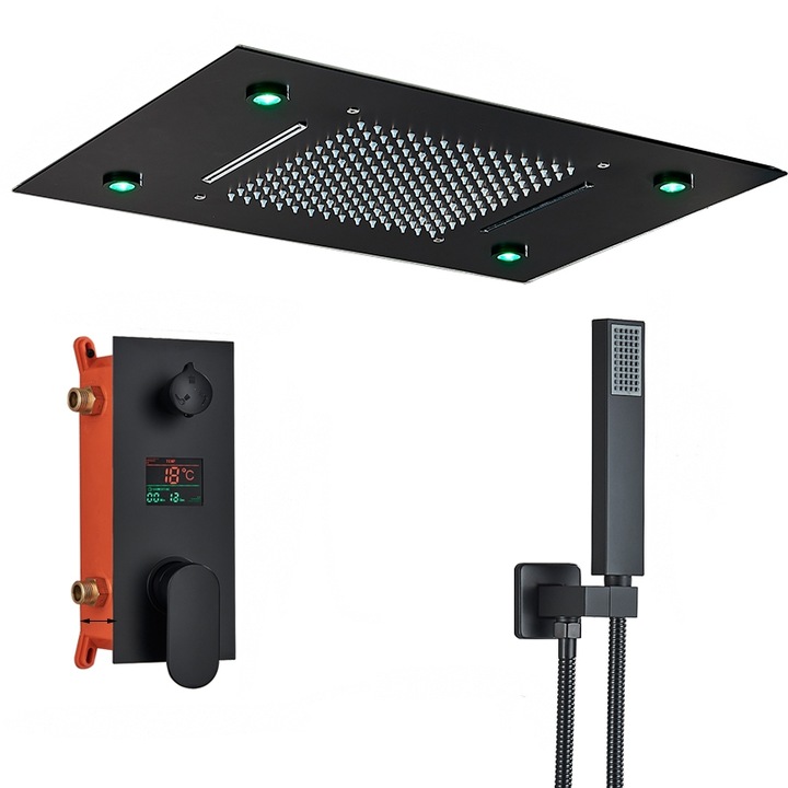 Смесител за душ, Blackswan, Тип M114, SPA модел с черен матов LED, размер 50 см