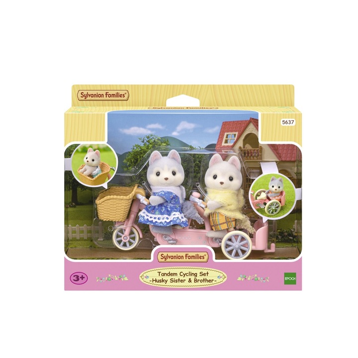 Комплект от 2 фигурки и велосипед, Sylvanian Families Tandem Cycling Set Husky Sister & Brother, 3 cm