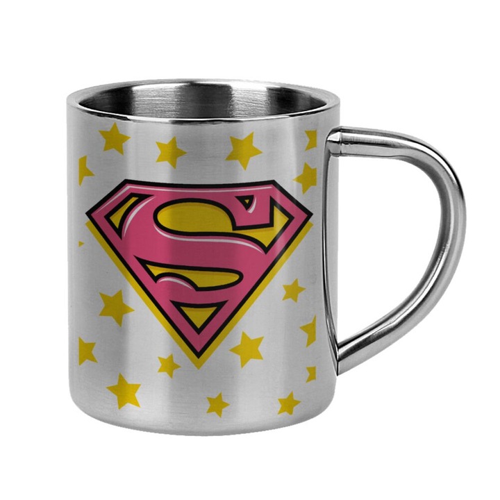 Cana cu pereti dubli Superman Pink, Inox, 300 ml, Multicolor