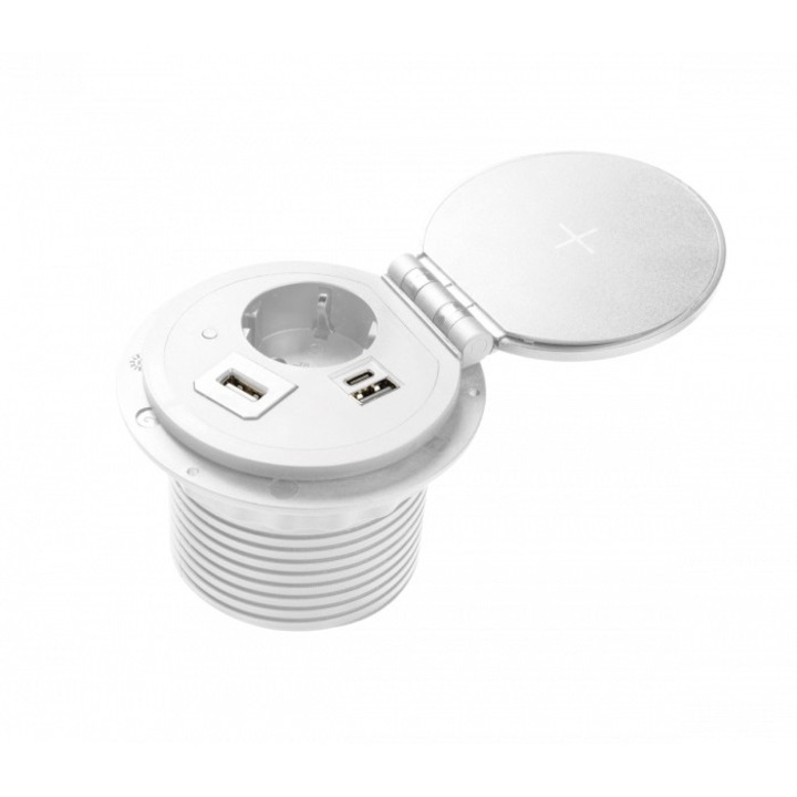 Priza incorporabila rotunda, 1 priza schuko, USB A+C + 1 port interschimbabil(USB A, HDMI, RJ45), incarcare Wireless 5 W, cablu 1.5 m, alba, GTV