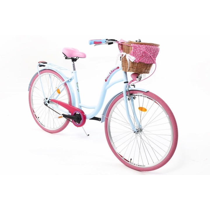 Велосипед Dallas™ City, 1 скоростен, Kолела 28", Син/Розов, 155-185 cm височина, Плетена кошница