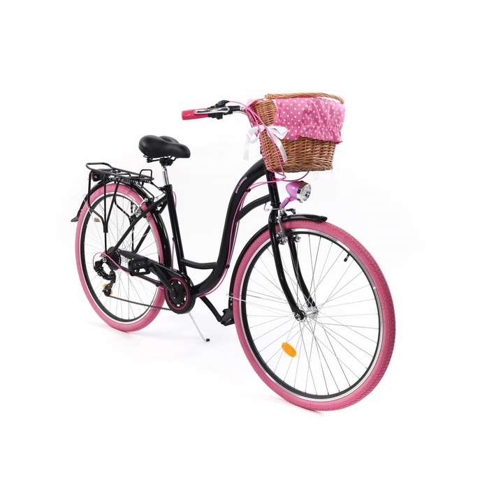 Велосипед Dallas City, 7 скоростен, Kолела 28", Черен/Розов, 155-185 cm височина, Плетена кошница