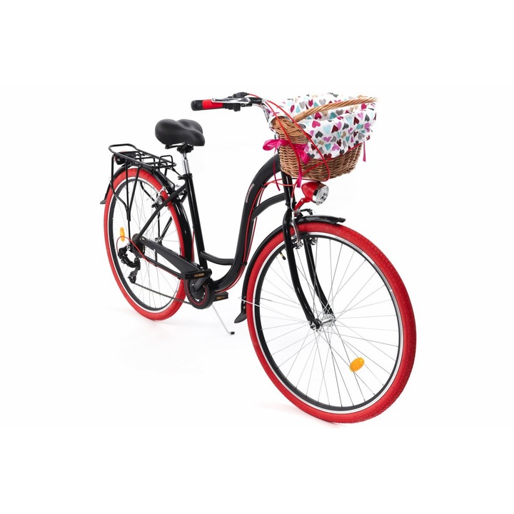 Велосипед Dallas™ City, 7 скоростен, Kолела 28", Черен/червен, 155-185 cm височина, Плетена кошница