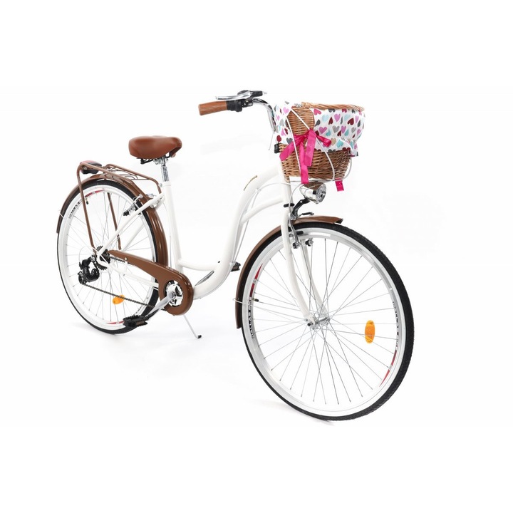 Велосипед Dallas™ City, 7 скоростен, Kолела 28", Бял/Кафяво, 155-185 cm височина, Плетена кошница