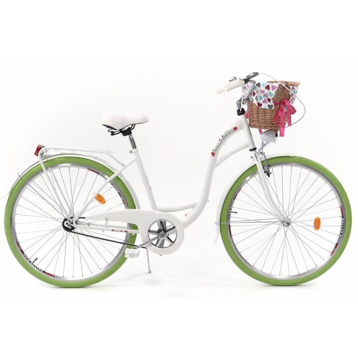 Велосипед Dallas™ City, 1 скоростен, Kолела 28", Бял/Зелено, 155-185 cm височина, Плетена кошница