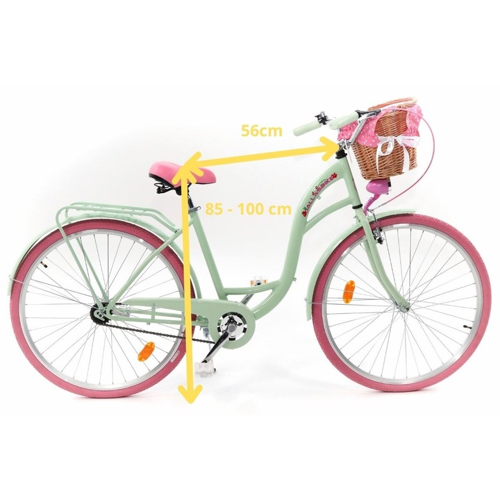 Велосипед Dallas™ City, 1 скоростен, Kолела 28", Мента/Розов, 155-185 cm височина, Плетена кошница