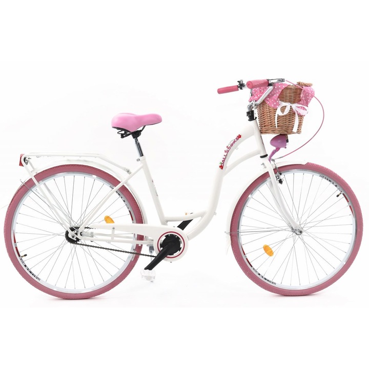 Велосипед Dallas™™ City, 1 скоростен, Kолела 28", Бял/Розов, 155-185 cm височина, Плетена кошница