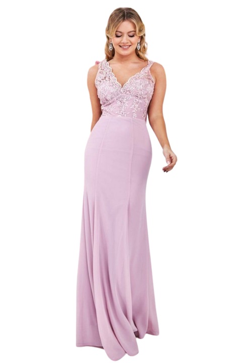 Rochie lunga din voal cu bsut din dantela, Roz prafuit