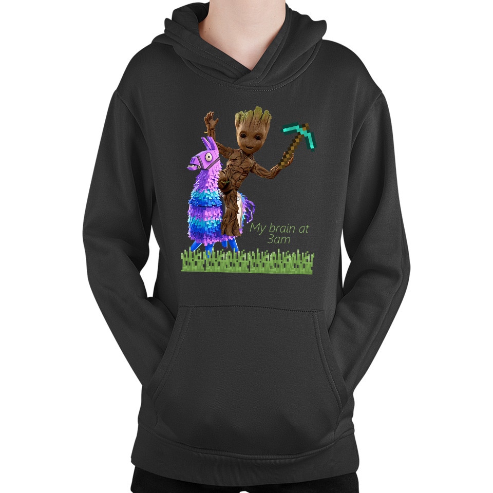 Детски суичър Baby Groot Riding Fortnite Lama Minecraft Pickaxe, Черен