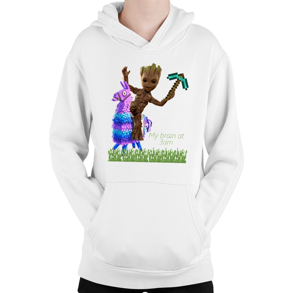 Детски суичър Baby Groot Riding Fortnite Lama Minecraft Pickaxe, Бял
