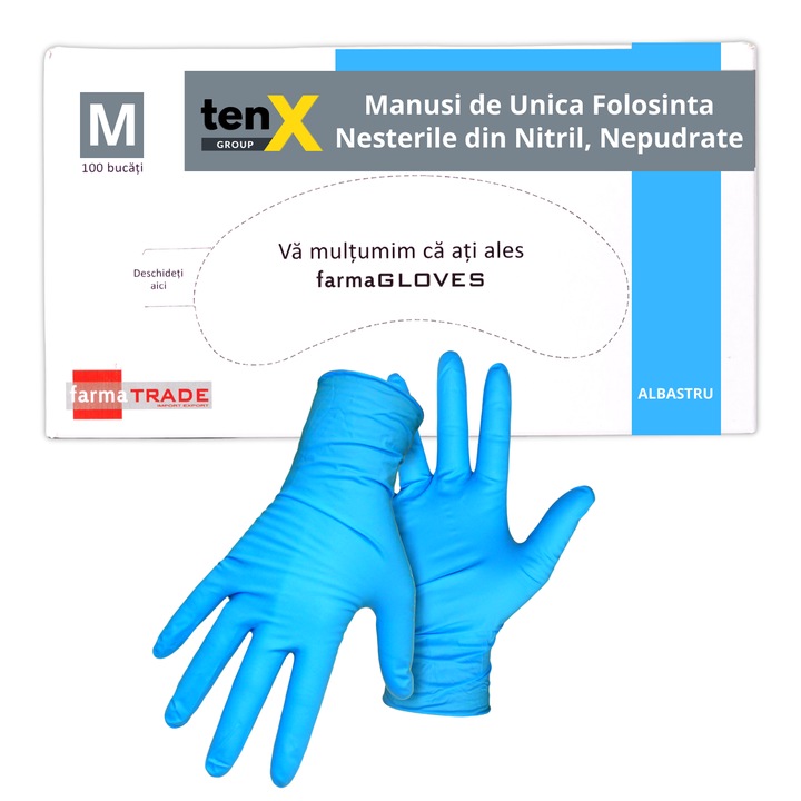 Set 100 bucati Manusi Unica Folosinta Nitril 100%, TenX, Nepudrate, Culoare Albastru, Marimea M