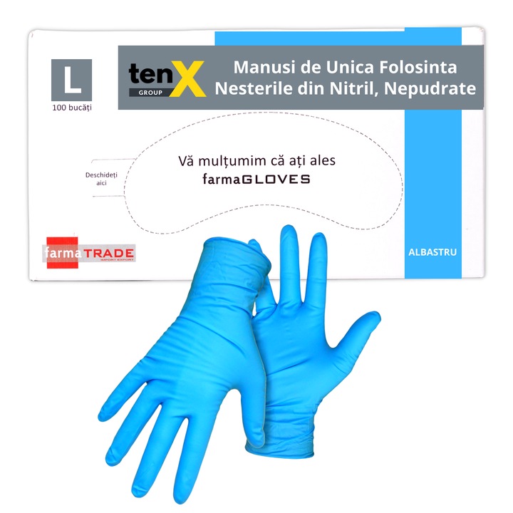Set 100 bucati Manusi Unica Folosinta Nitril 100%, TenX, Nepudrate, Culoare Albastru, Marimea L