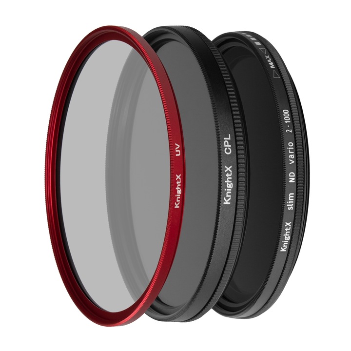 3 db ND2-ND1000 Vario CPL UV szűrő készlet, KnightX Creativ Red, 77 mm, fedél és kendő