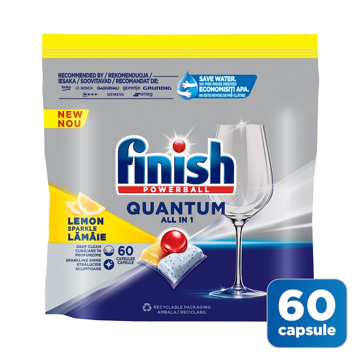 Detergent capsule pentru masina de spalat vase Finish Quantum All in 1 Lemon, 60 spalari