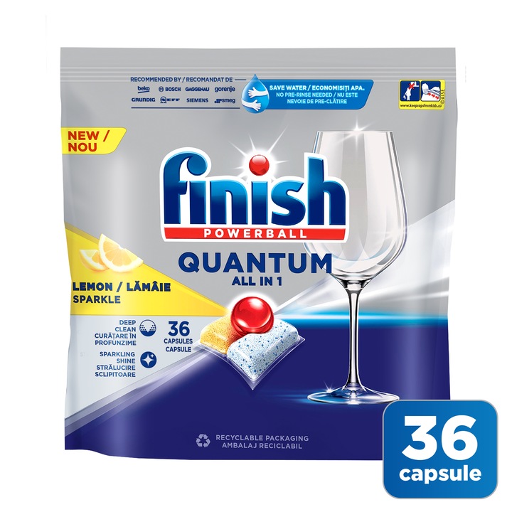 Detergent capsule pentru masina de spalat vase Finish Quantum All in 1 Lemon, 36 spalari