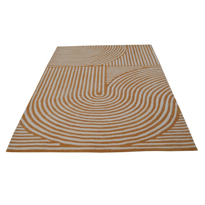 Covor Maze Bedora, 80x150 cm, 100% lana, finisat manual, Maro/Bej