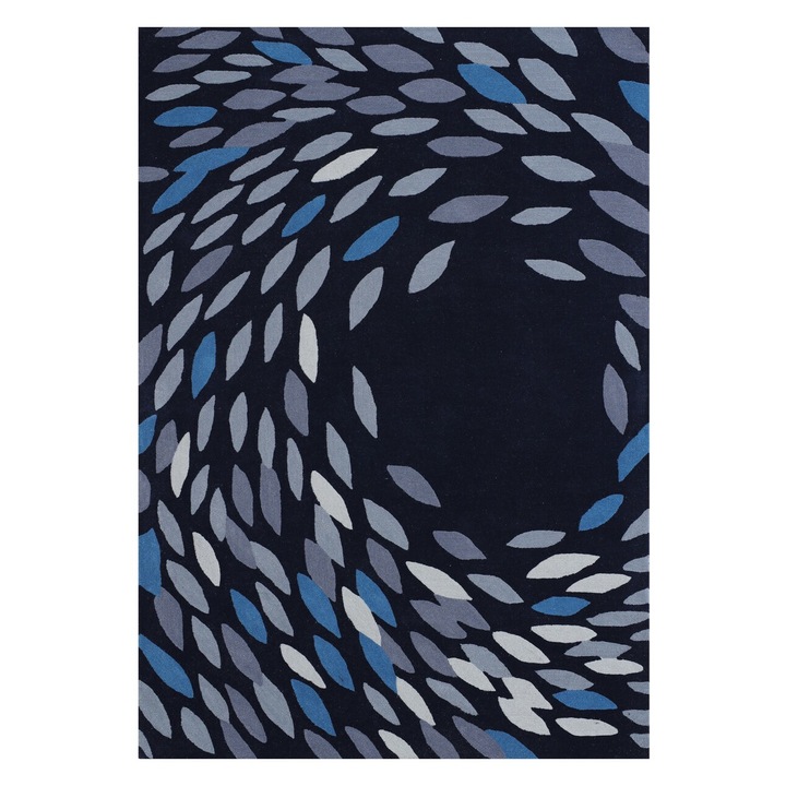 Covor Huriccane Bedora, 200x300 cm, 100% lana, finisat manual, Negru/Albastru