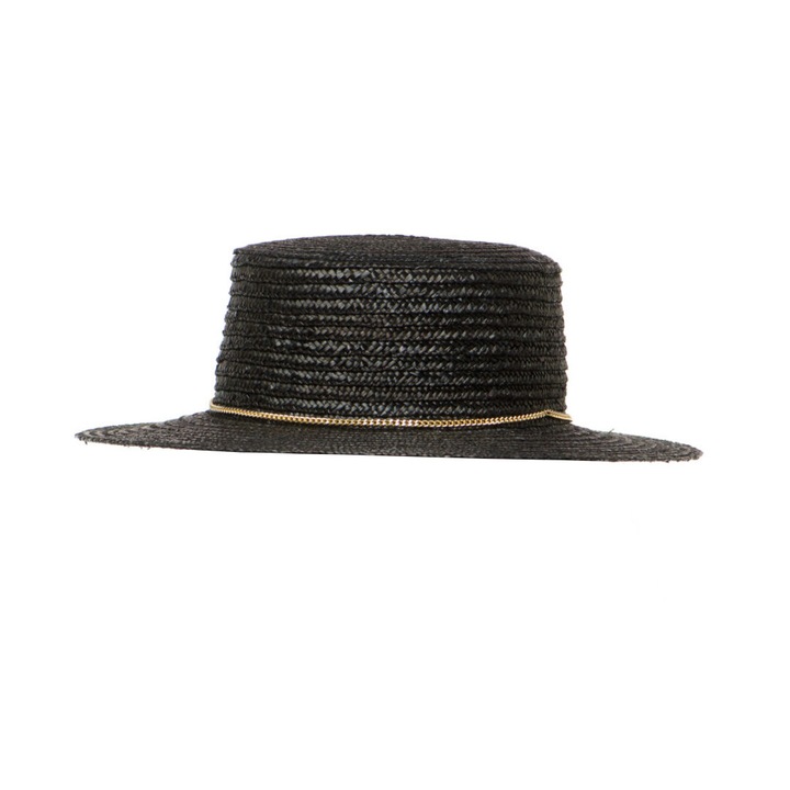 Canotiera dama Fly small T nero chain, neagra cu lant aurie, bor drept, 100 % paie naturale, realizat manual, 57 cm