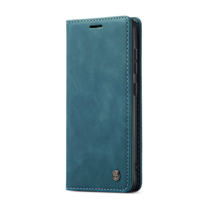 Husa pentru Huawei P50 Pro, CaseMe, slim piele, tip portofel, stand, inchidere magnetica, textura catifelata, Albastru verzui
