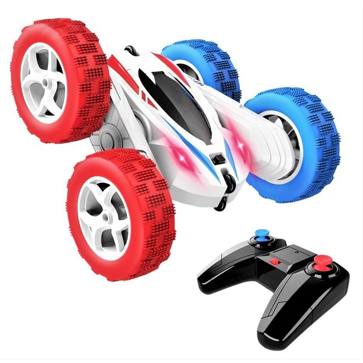 Masina cu Telecomanda RC DE 35 Stunt Explore, 2 Baterii-40 Min, 4WD, Rotatie 360°, 2.4 GHz, 2 Motoare, Lumini Led, Anvelope Anti-Coliziune, Rezistent la socuri, Red/Blue