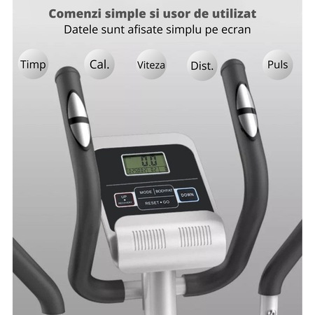 Bicicleta eliptica magnetica, GO4FIT, pentru fitness cu monitorizare activitati fizice, puls, viteza, timp, distanta si calorii, greutate maxima 110 kg, 8 niveluri de rezistenta, volanta 5 kg, rosie