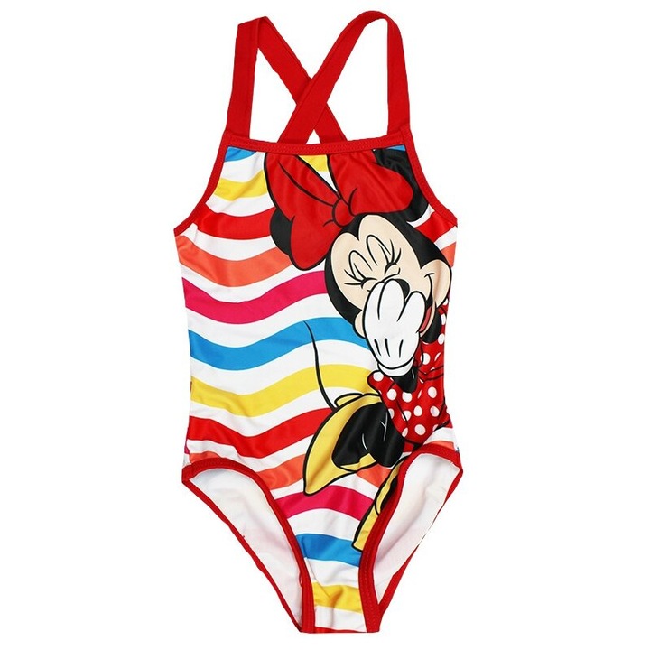 Costum de baie intreg, poliester, Minnie Mouse, rosu cu dungi
