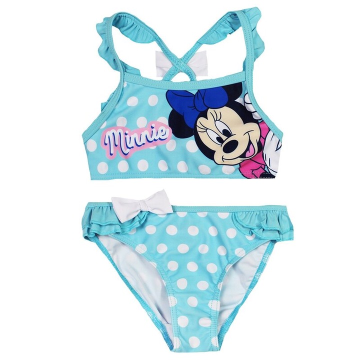 Costum de baie 2 piese, 82% poliester, Minnie Mouse, albastru cu buline 128 CM