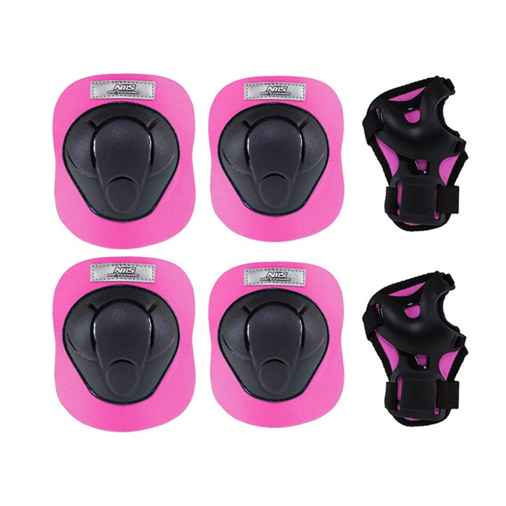 2 db térdvédő, 2 db könyökvédő, 2 db csuklóvédő szett, Nils, gyerekeknek, XS, fekete/rózsaszín