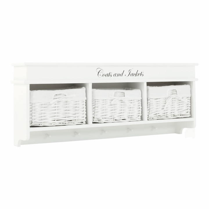 Рафт 3 кошници за съхранение и закачалки бяло Blanco 100x40x20 см