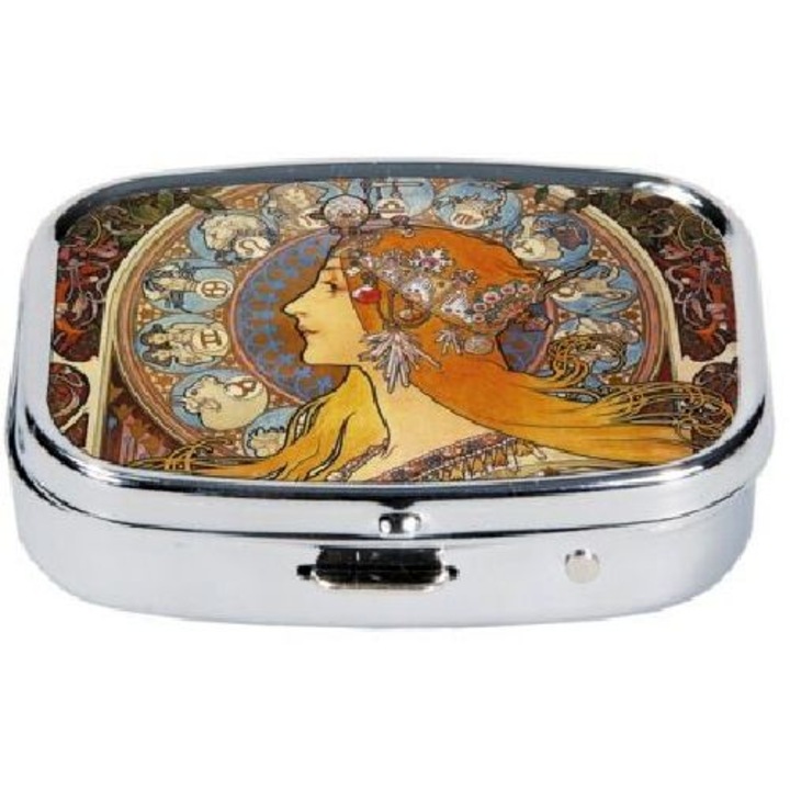 Cutie metalica pentru medicamente, 2 compartimente, 5.1x1.8x3.6cm, Mucha: Zodiak, Multicolor