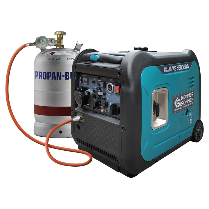Generator hibrid invertor Könner&Söhnen KS 5500iEG S, 5500W, monofazat, portabil, 9.5 cp, pornire manuala/electrica, 230 V, model motor KS 330i, bobinaj cupru, protectii automate, GPL/benzina