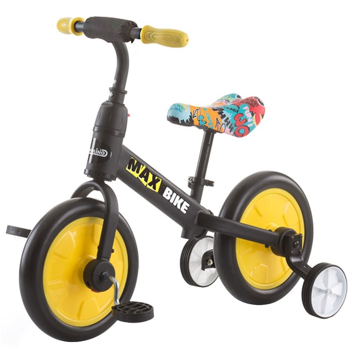 Детски велосипед Chipolino Max Bike, подвижни помощни колела, регулируема седалка, Жълт