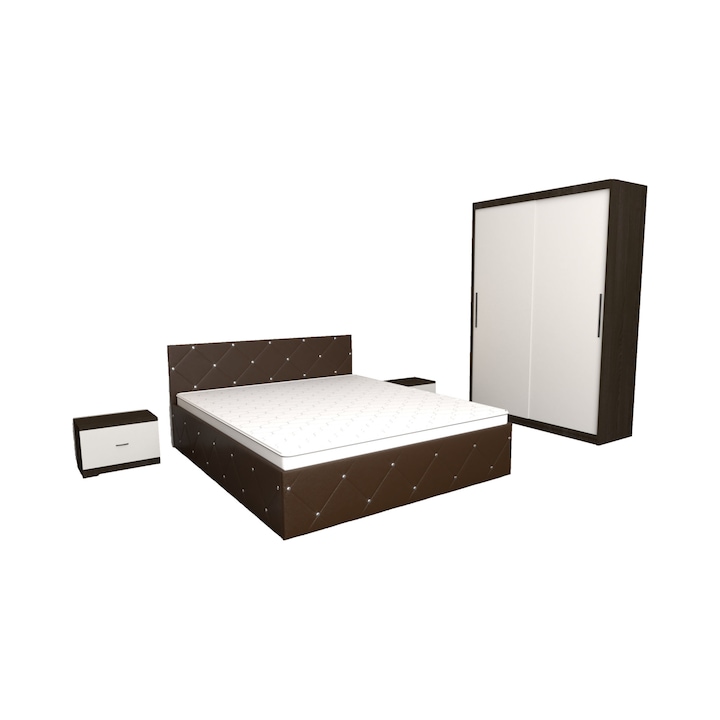 Set Dormitor Milano Maro cu Dulap usi glisante 150x200x61 cm Wenge Alb cu Pat Matrimonial Maro 160 x 200 cm si Noptiere Wenge Alb 44x32x23 cm