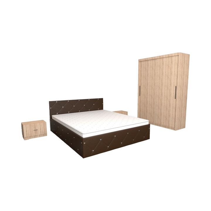 Set Dormitor Milano Maro cu Dulap usi glisante 150x200x61 cm Sonoma cu Pat Matrimonial Maro 160 x 200 cm si Noptiere Sonoma 44x32x23 cm