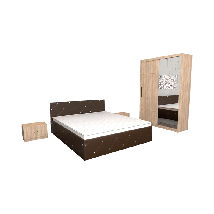 Set Dormitor Milano Maro cu Pat Matrimonial Maro 160 x 200 cm cu Noptiere Sonoma 44x32x23 si Dulap usi glisante cu oglinda Sonoma 150x200x61 cm