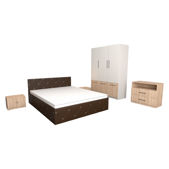 Set Dormitor Milano Maro cu Dulap David Alb Sonoma si 150x200x61 cm cu, Comoda TV Sonoma 83x42x71 si Pat Matrimonial Maro 140 x 200 cm cu Noptiere Sonoma 44x32x23 cm