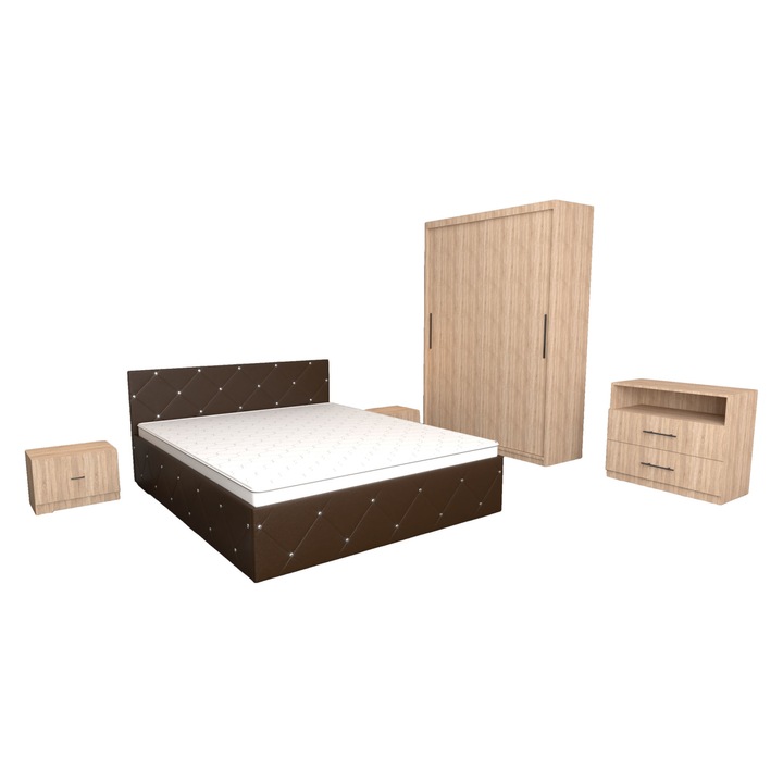 Set Dormitor Milano Maro cu Dulap usi glisante Sonoma 150x200x61 cu Pat Matrimonial Maro 140 x 200 cm si Noptiere Sonoma 44x32x23 cm si Comoda TV Sonoma 83x42x71 cm