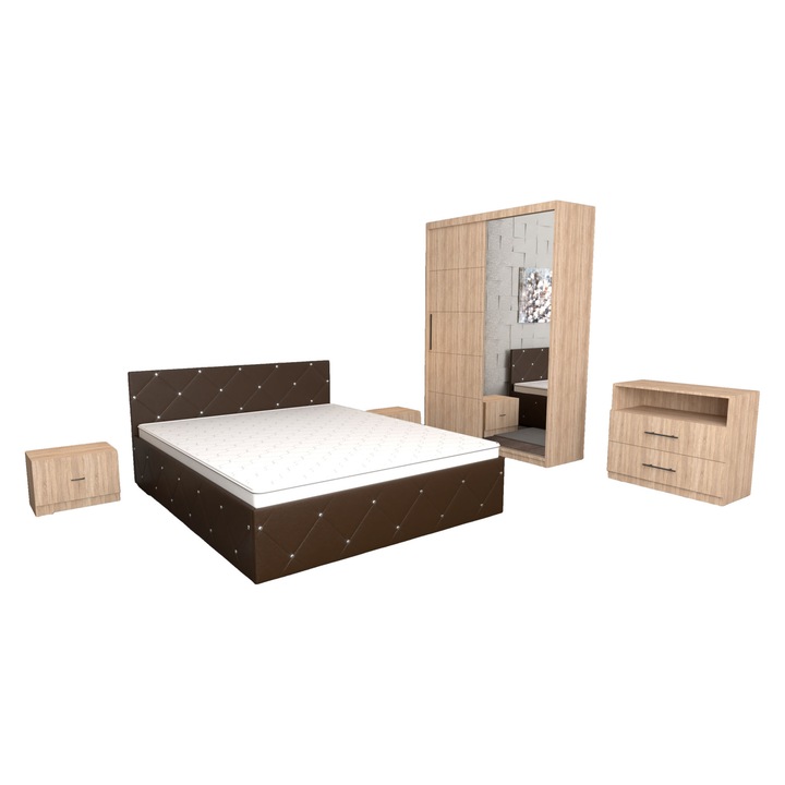 Set Dormitor Milano Maro cu Dulap usi glisante cu oglinda Sonoma 150x200x61 cu, Comoda Tv Sonoma 83x42x71 cm, cu Pat Matrimonial Maro 140 x 200 cm si Noptiere Sonoma 44x32x23 cm