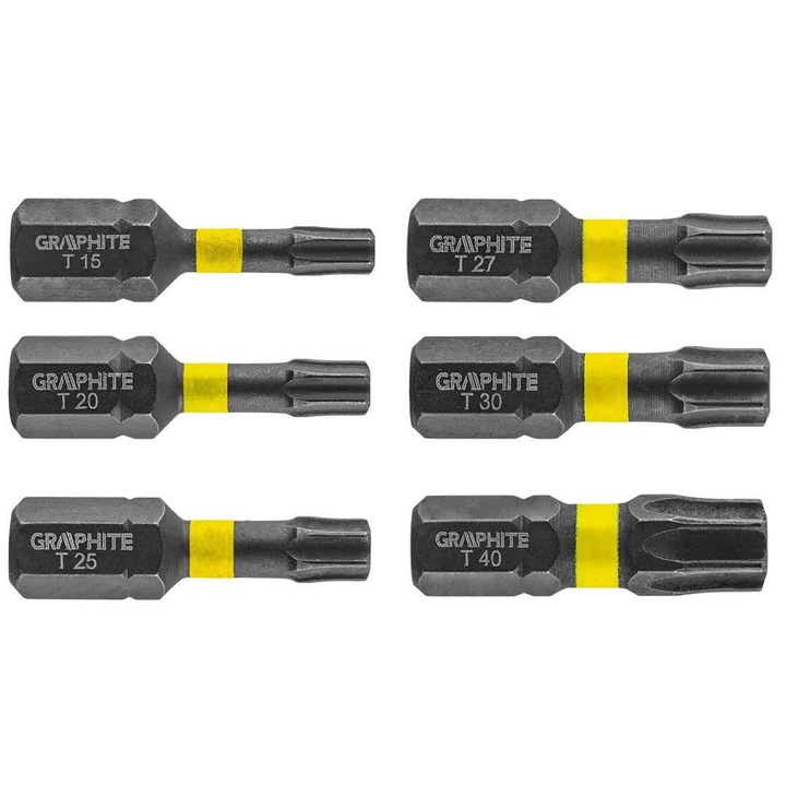 Torx ütőfejek / bitek, 6 db, T x 10,15,20,25,30,40 x 25 mm, Graphite