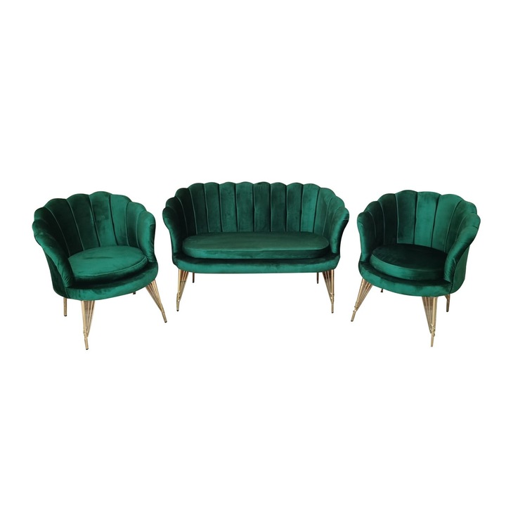 Set canapea 2 locuri cu 2 fotolii tip 2 verde smarald, home-global london verde textil 133x73 cm