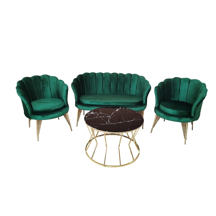 Set canapea 2 locuri cu 2 fotolii tip 3 cu masuta rotunda sticla home-global london verde textil 1330x730 mm
