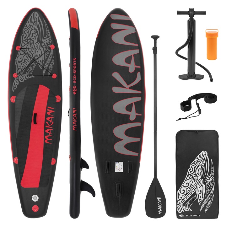 Set placa de surf gonflabila Stand Up Paddle Board Makani cu vasla reglabila ECD Germany, rosu-negru, PVC, 320x80x15 cm,, capacitate de pana la 120 kg, surfboard, geanta de transport si pompa incluse, SUP