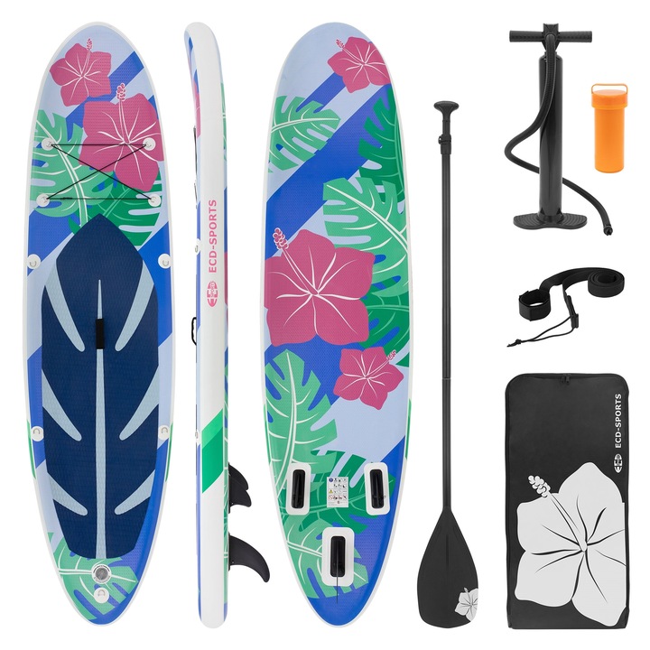 Set complet Paddleboarding, ECD Germany, placa gonflabila pliabila din PVC/EVA, 320 x 80 x 15 cm, model cu flori, kit accesorii inclus