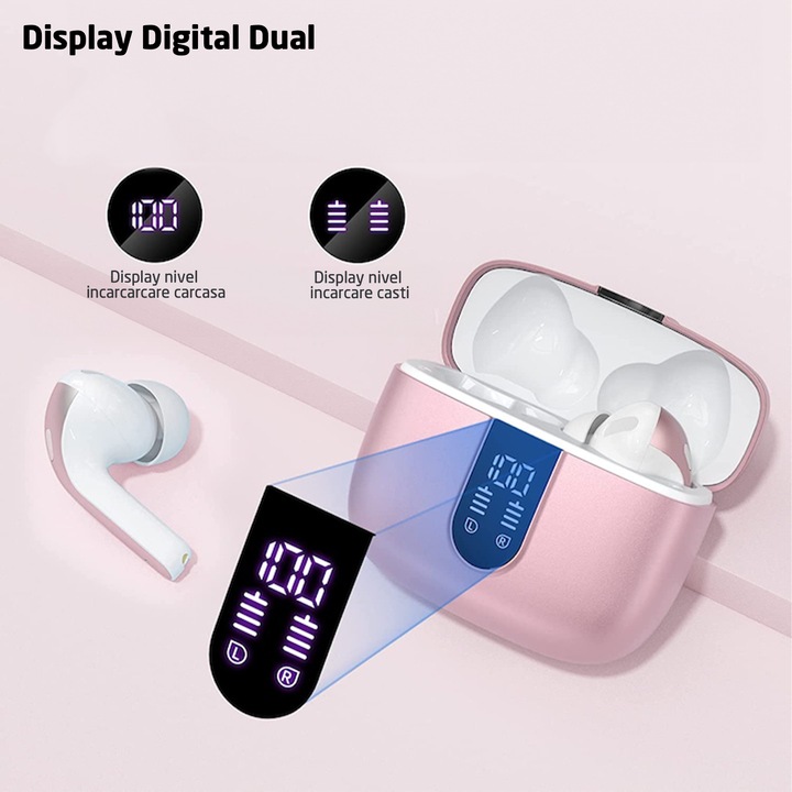 Casti Wireless Audio, GO4FIT®, Model GX08, Bluetooth 5.3, Control prin Atingere, Fara Fir, Carcasa Magnetica, Afisare LED, Autonomie 30 h, Roz