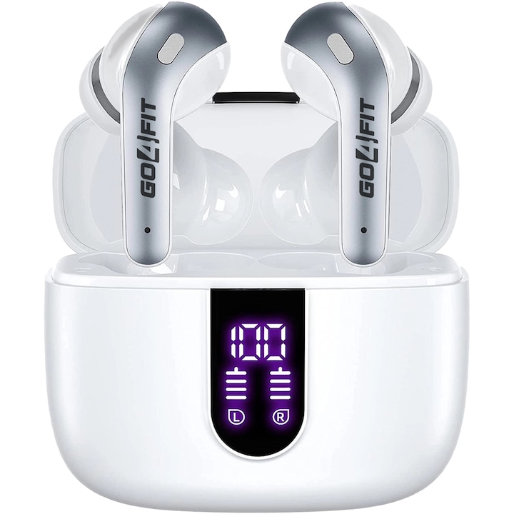 Casti Wireless Audio, GO4FIT®, Model GX08, Bluetooth 5.3, Control prin Atingere, Fara Fir, Carcasa Magnetica, Afisare LED, Autonomie 30 h, Alb