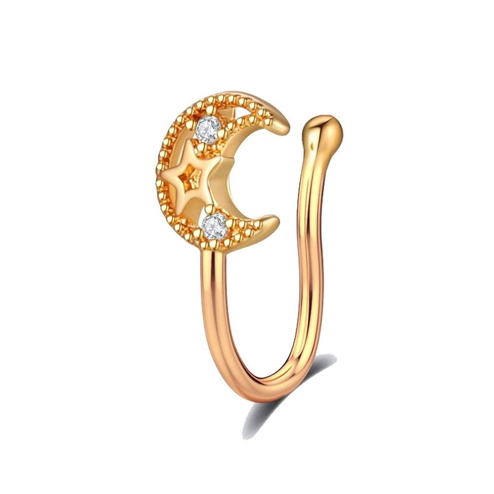 Cercel ear cuff minimal, piercing fals pentru nas, semiluna cu stelute si cristale Auriu Urechea stanga sau dreapta