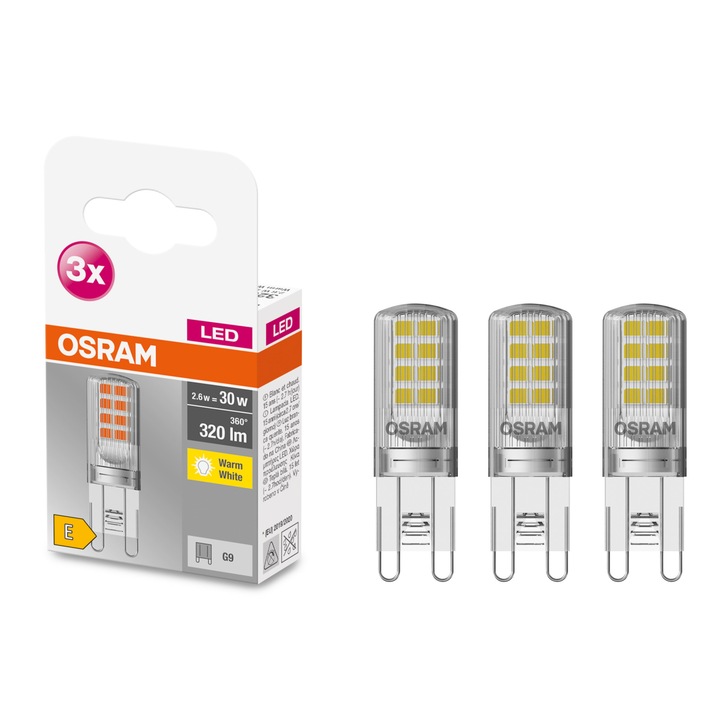 Set 3 becuri LED Osram Pin CL30, G9, 2.6W (30W), 320 lm, lumina calda (2700K), clasa energetica E